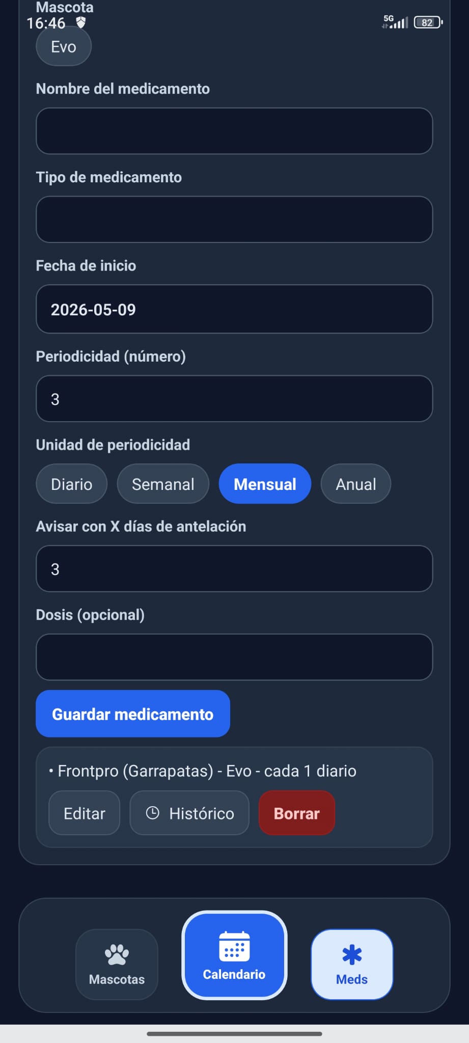 Formulario de medicinas por mascota