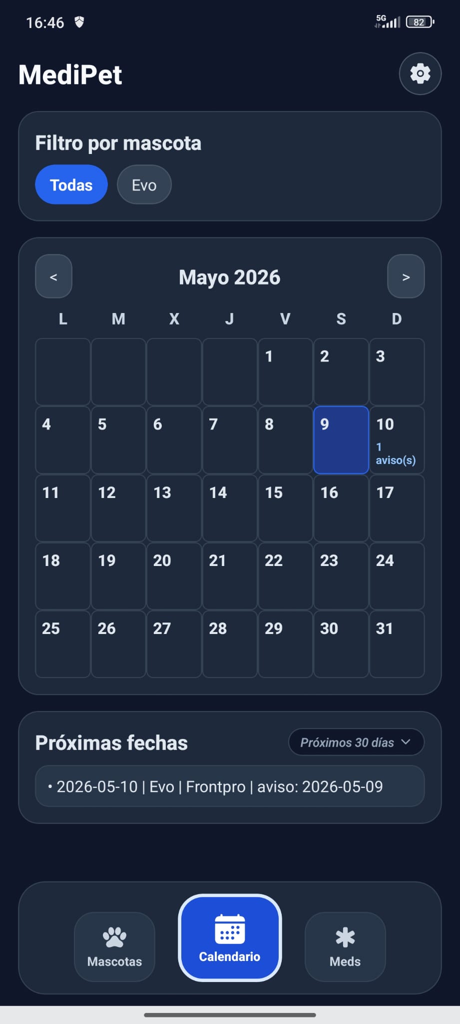 Calendario de medicación en MediPet